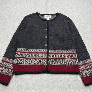 VTG Tally-Ho Cardigan Women's Large Gray Fair Isle 100% Wool Button Up Sweater